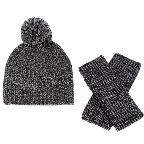 REBECCA MINKOFF Marled Acrylic Rib stitch Pom Beanie Hat & Arm Warmer Set Black - Picture 1 of 5